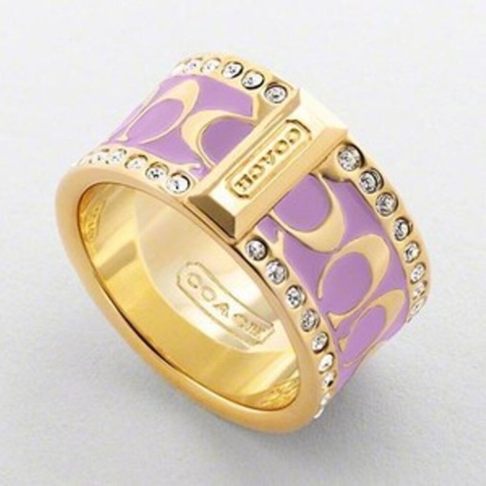 Coach Lavender Holiday Pave Crystal Band Signature Ring Size 8